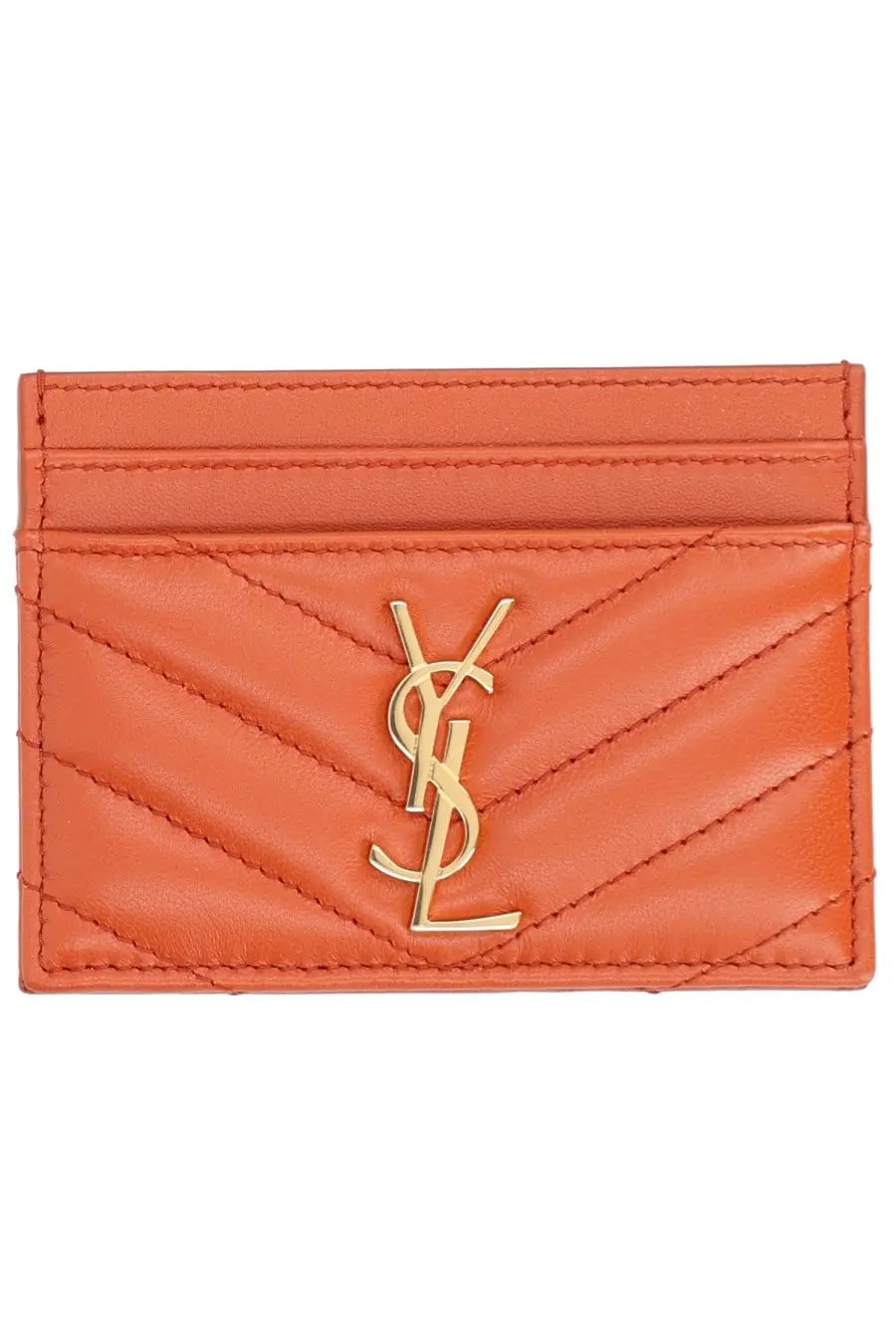 Saint Laurent women’s card holder in vibrant orange quilted leather with gold-tone YSL logo emblem