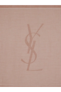 Beige Saint Laurent womens cassandre cashmere and silk scarf with subtle ribbed texture and matching monogram logo