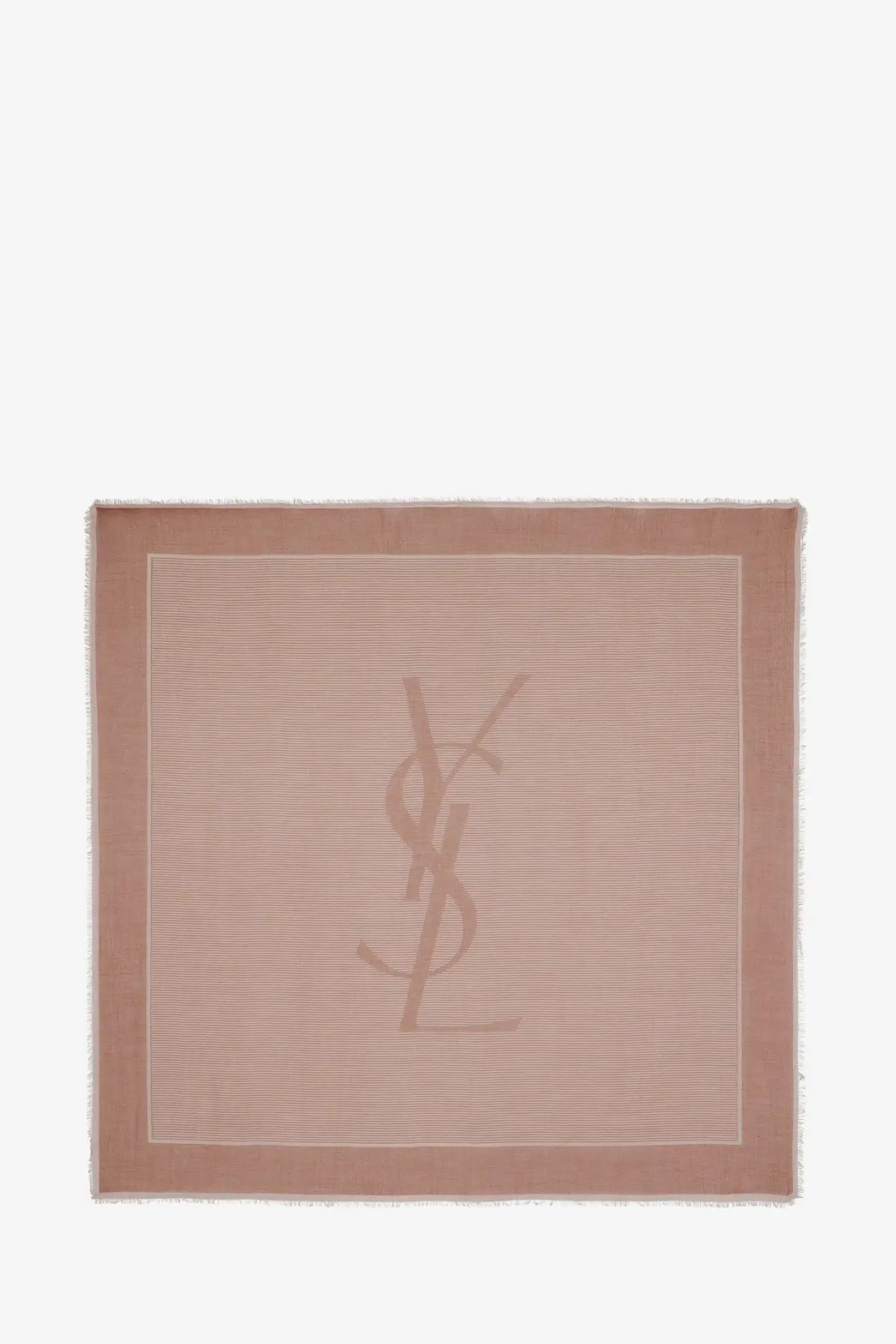Saint Laurent women’s cassandre cashmere and silk foulard in soft beige with subtle stripes and a centered monogram logo