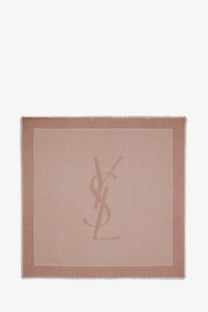 Saint Laurent women’s cassandre cashmere and silk foulard in soft beige with subtle stripes and a centered monogram logo