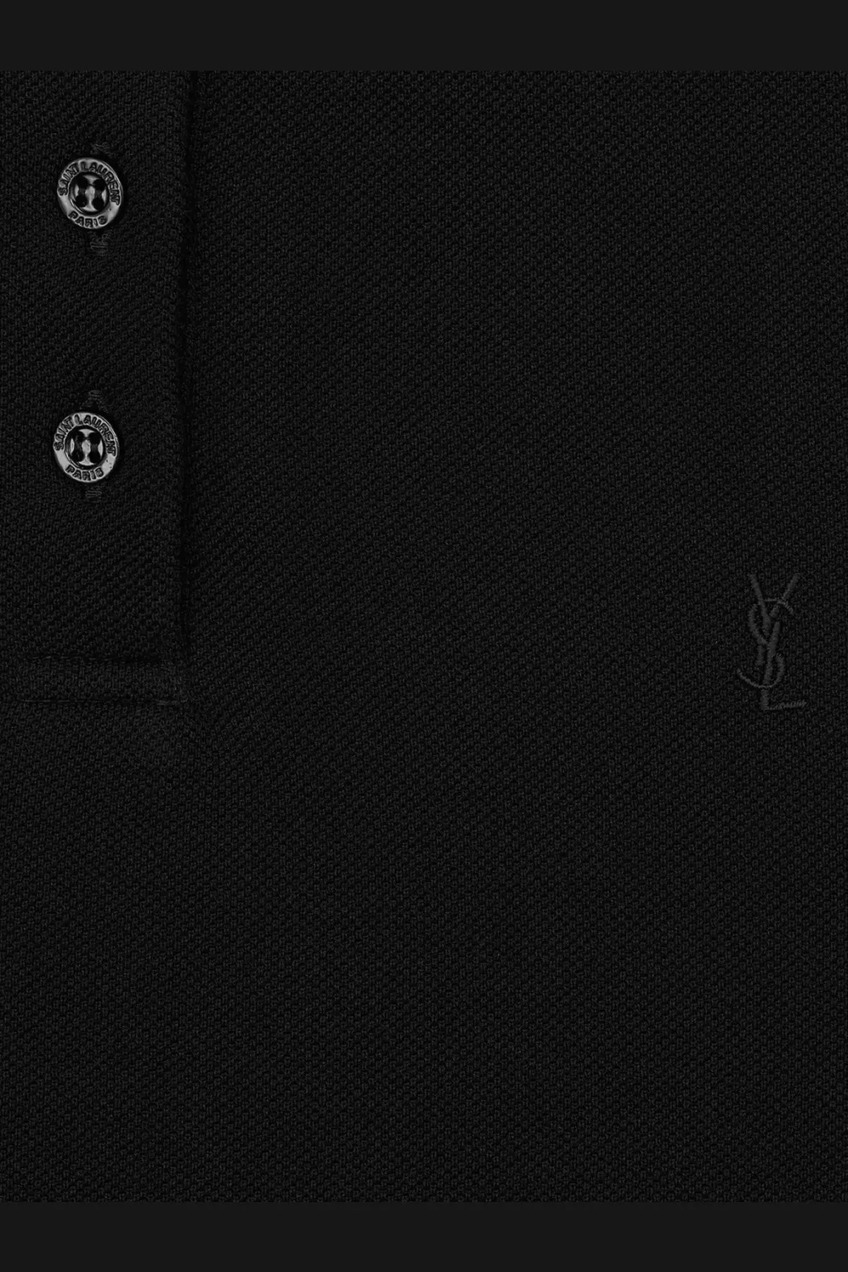 Saint Laurent women’s cassandre black cotton polo shirt with textured fabric and silver tone buttons