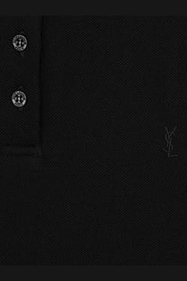 Saint Laurent women’s cassandre black cotton polo shirt with textured fabric and silver tone buttons