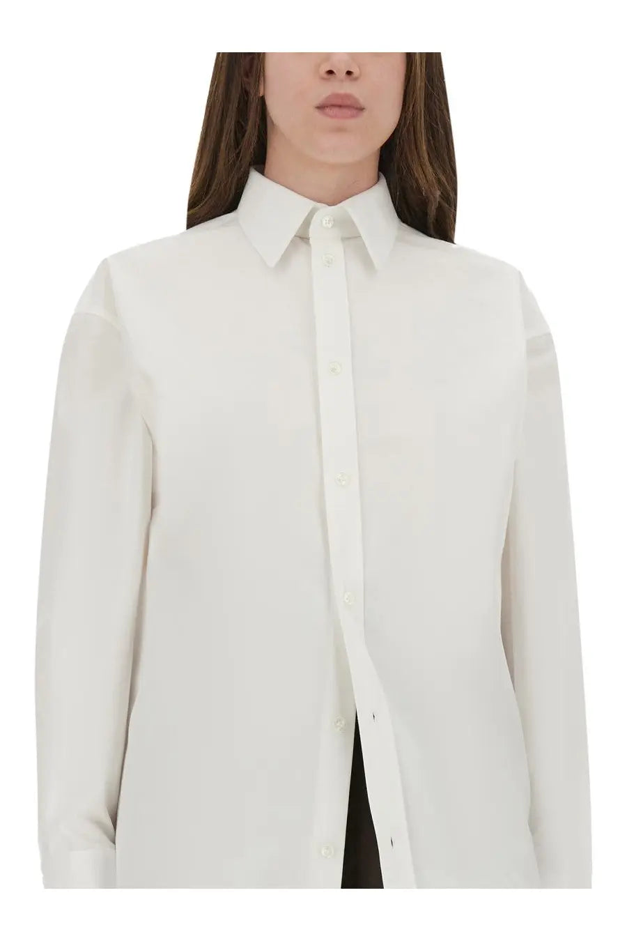 Saint Laurent women’s Cassandre crisp white cotton poplin shirt with classic collar and long sleeves