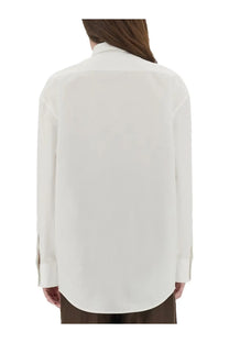 Saint Laurent women’s Cassandre white cotton poplin shirt with long sleeves classic collar and folded cuffs
