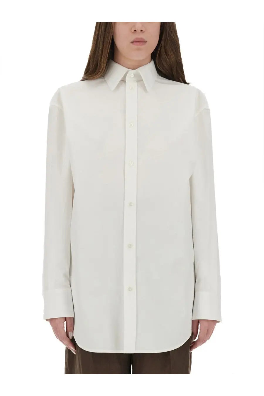 Saint Laurent women’s cassandre white cotton poplin shirt with a clean tailored fit and long sleeves