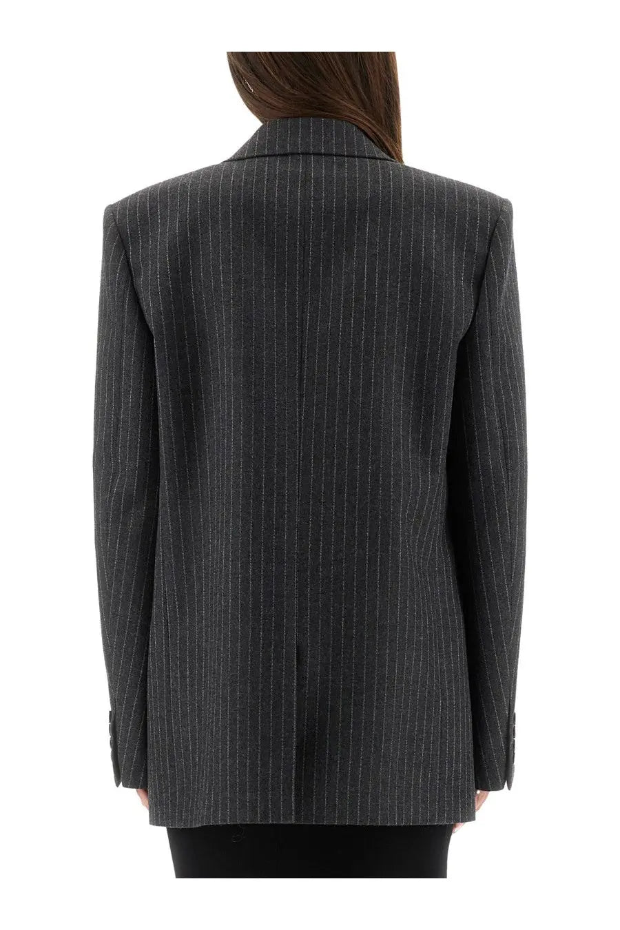 Saint Laurent women’s cassandre double breasted jacket grey dark gray pinstripe with fine white stripes and tailored fit