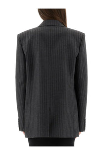 Saint Laurent women’s cassandre double breasted jacket grey dark gray pinstripe with fine white stripes and tailored fit