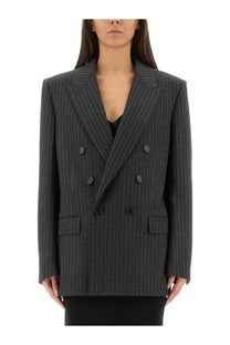 Saint Laurent women’s cassandre double breasted dark gray pinstripe blazer with subtle vertical stripes and black buttons