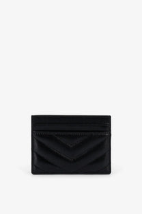 Saint Laurent women’s cassandre black leather card holder with chevron quilted pattern for stylish organization