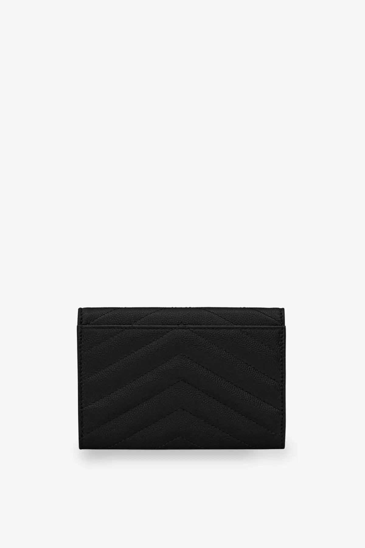 Saint Laurent women’s Cassandre metalassé black leather card case with quilted chevron pattern front view