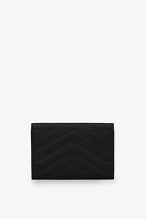 Saint Laurent women’s Cassandre metalassé black leather card case with quilted chevron pattern front view