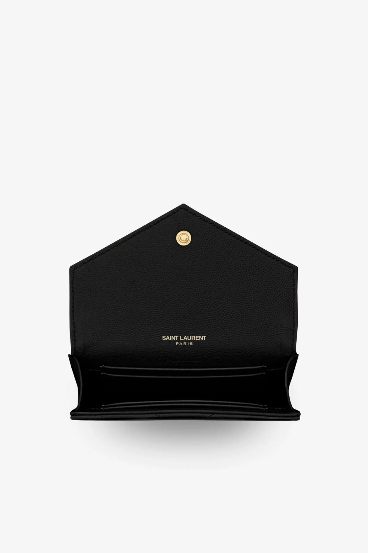 Black leather Saint Laurent women’s Cassandre metalassé wallet with gold-tone clasp and interior card slots