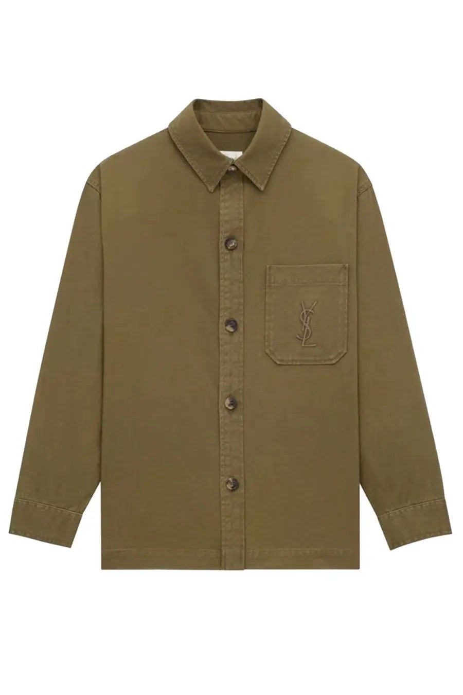 Saint Laurent women’s olive green button-up overshirt with chest pocket and embroidered YSL logo