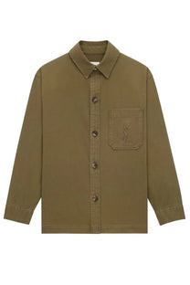 Saint Laurent women’s olive green button-up overshirt with chest pocket and embroidered YSL logo