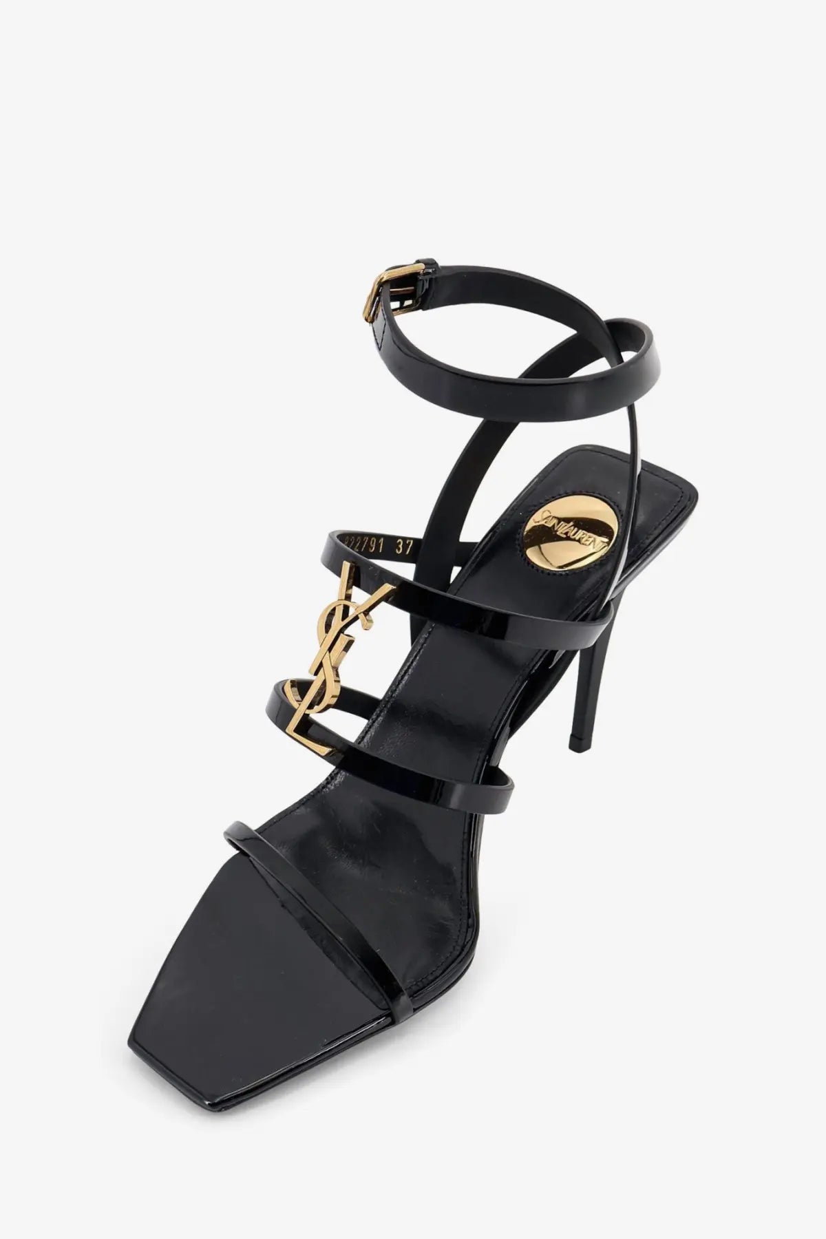 Saint Laurent women’s cassandre black patent leather sandals with strappy design and gold-tone YSL logo hardware