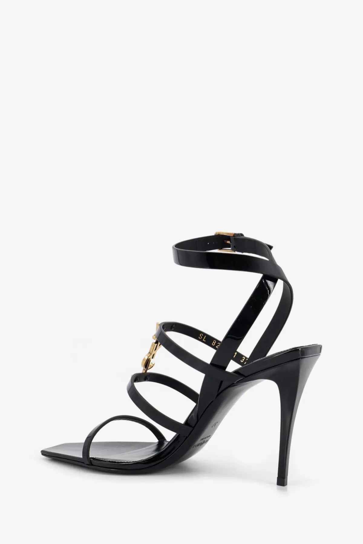 Saint Laurent women’s Cassandre patent leather sandals in black with strappy design and gold-tone hardware