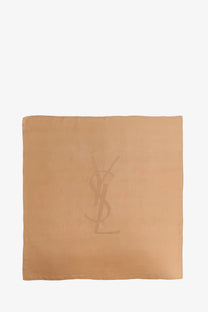 Saint Laurent women’s Cassandre silk scarf beige with subtle monogram logo in soft silk fabric