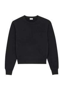 Saint Laurent women’s black crewneck sweatshirt with subtle embroidered logo on the left chest in cotton blend