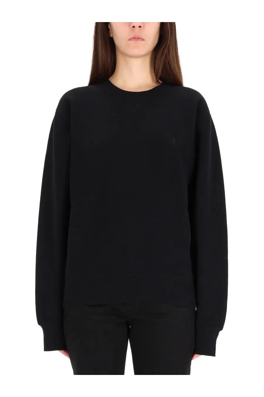 Saint Laurent women’s black oversized crewneck sweatshirt with subtle embroidered logo on left chest