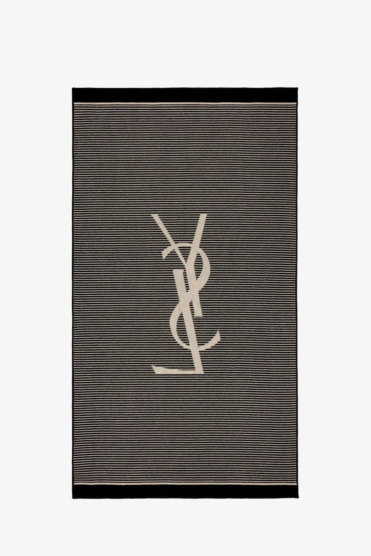 Saint Laurent women’s certified cotton striped beach towel beige with black and beige stripes and cream monogram logo