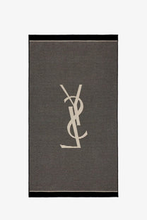 Saint Laurent women’s certified cotton striped beach towel beige with black and beige stripes and cream monogram logo