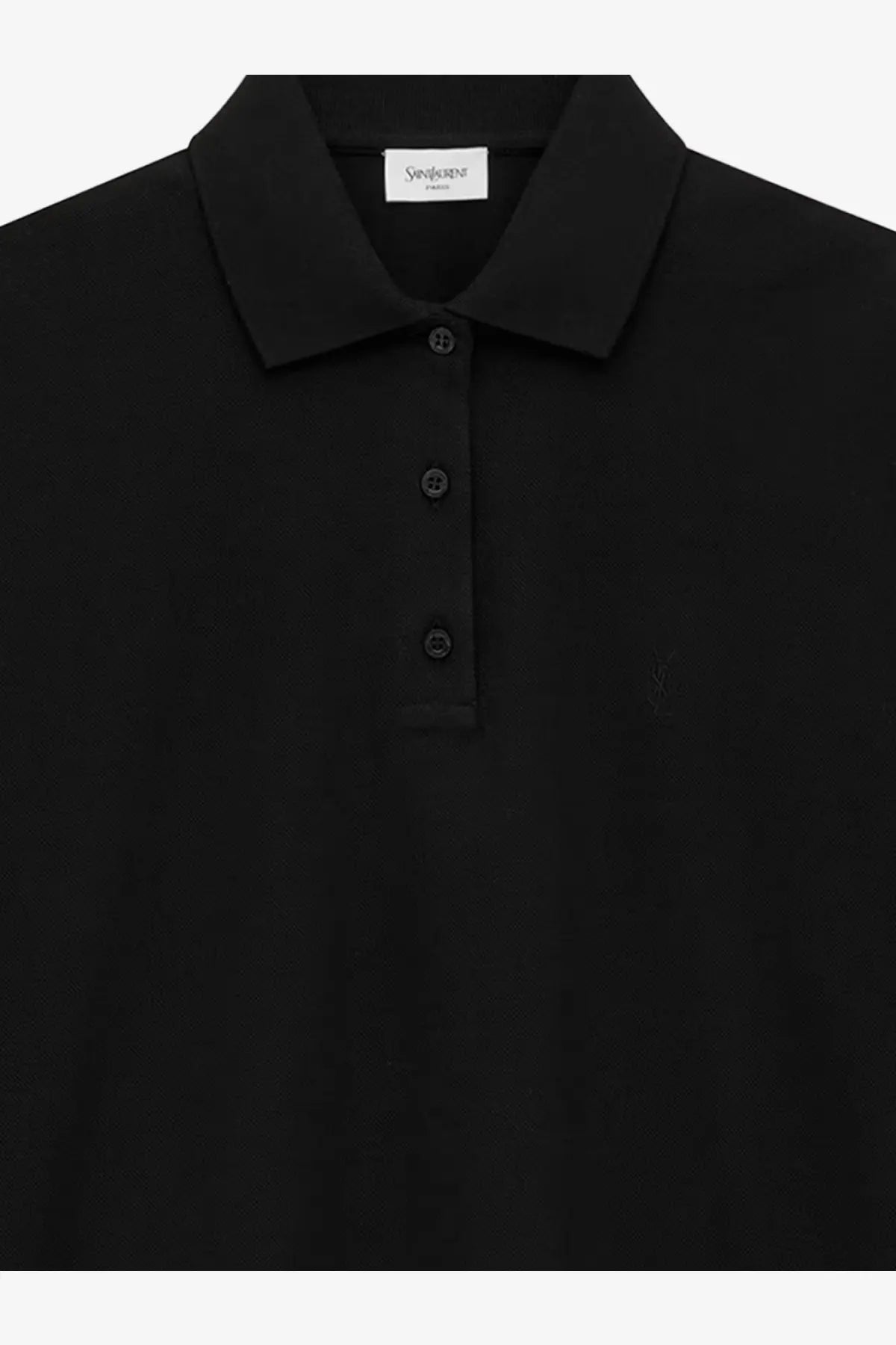 Saint Laurent women’s black cotton blend polo shirt with classic collar three buttons and subtle chest embroidery