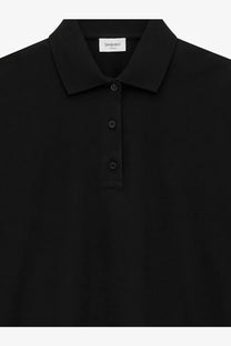 Saint Laurent women’s black cotton blend polo shirt with classic collar three buttons and subtle chest embroidery