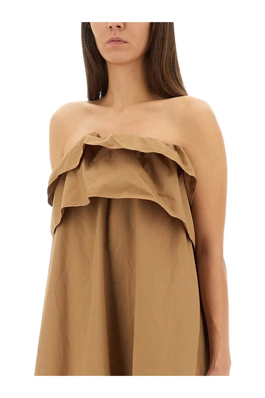 Beige Saint Laurent women’s cotton twill off-shoulder dress with layered ruffle detailing in brown tone