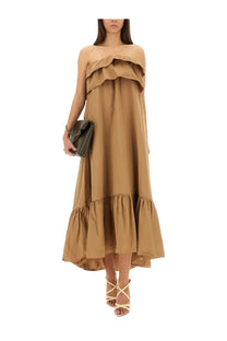 Saint Laurent women’s camel-colored cotton twill off-the-shoulder maxi dress with tiered ruffle neckline and hem