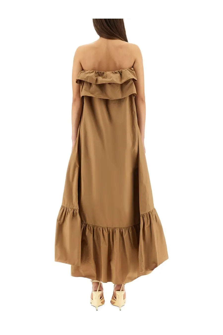 Saint Laurent women’s camel cotton twill strapless maxi dress with ruffled neckline and hem detailing