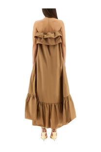 Saint Laurent women’s camel cotton twill strapless maxi dress with ruffled neckline and hem detailing