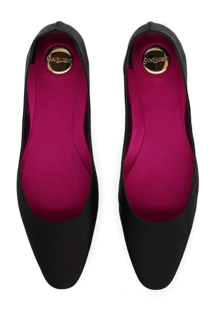 Saint Laurent women’s crepe satin ballerina lou black flats with vibrant magenta lining and gold brand emblem insole