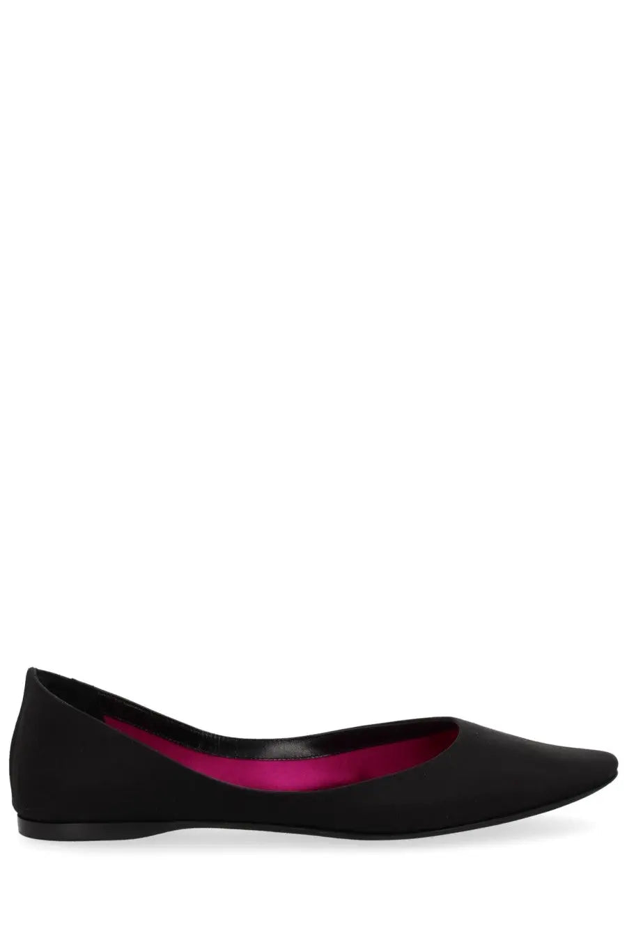 Saint Laurent women’s crepe satin black ballerina lou flat shoe with vibrant magenta satin lining visible from the back side