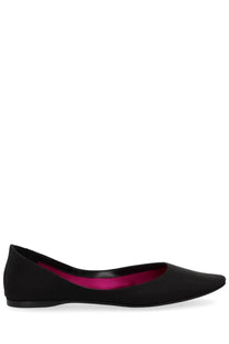 Saint Laurent women’s crepe satin black ballerina lou flat shoe with vibrant magenta satin lining visible from the back side