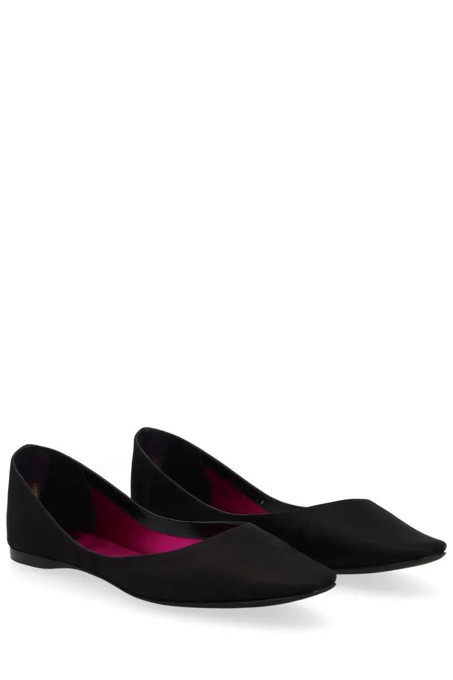 Saint Laurent women’s crepe satin ballerina lou black flats with pointed toe and vibrant magenta lining