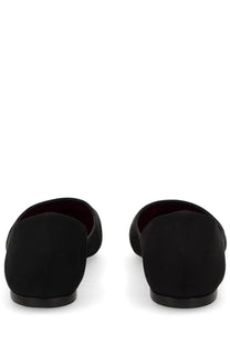 Saint Laurent women’s black crepe satin ballerina loafers with sleek minimalist design and subtle stitching details