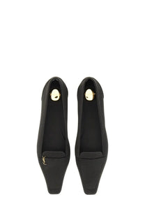 Saint Laurent women’s black crepe satin ballet flats with gold-tone YSL logo detailing