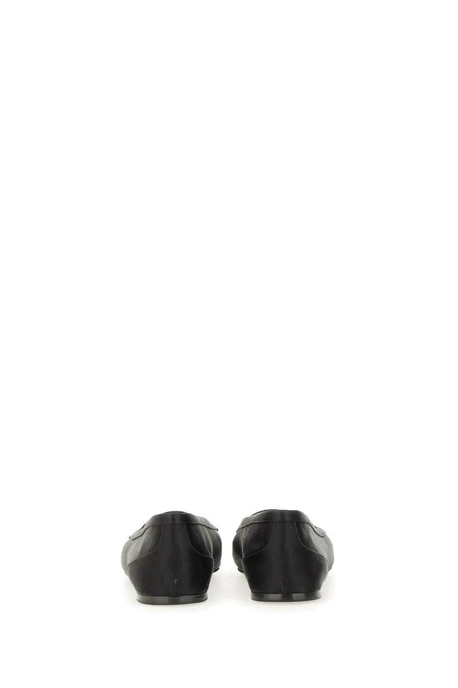 Saint Laurent women’s black leather loafers with a sleek minimalist design and crepe satin poppy ballerina detail
