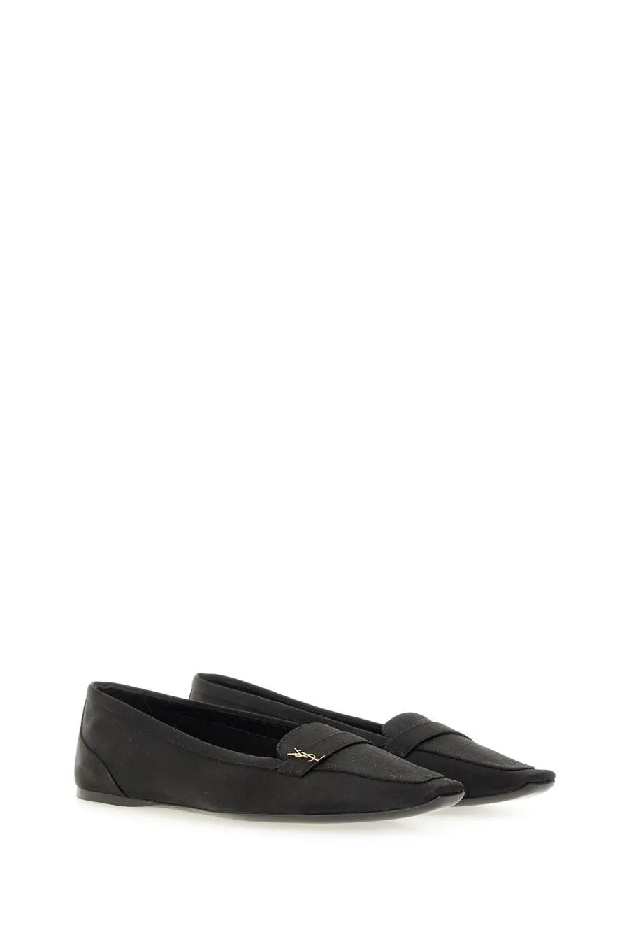 Saint Laurent women’s black suede loafers with gold-tone YSL logo front detail in crepe satin poppy ballerina style
