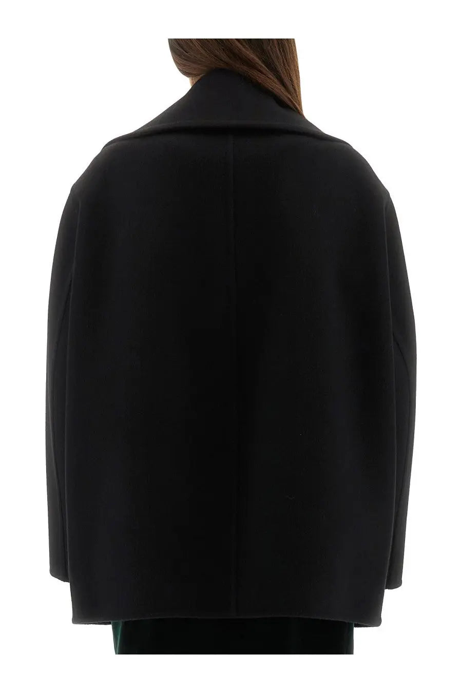 Saint Laurent women’s double breasted wool caban black coat with structured collar and minimalist design front view