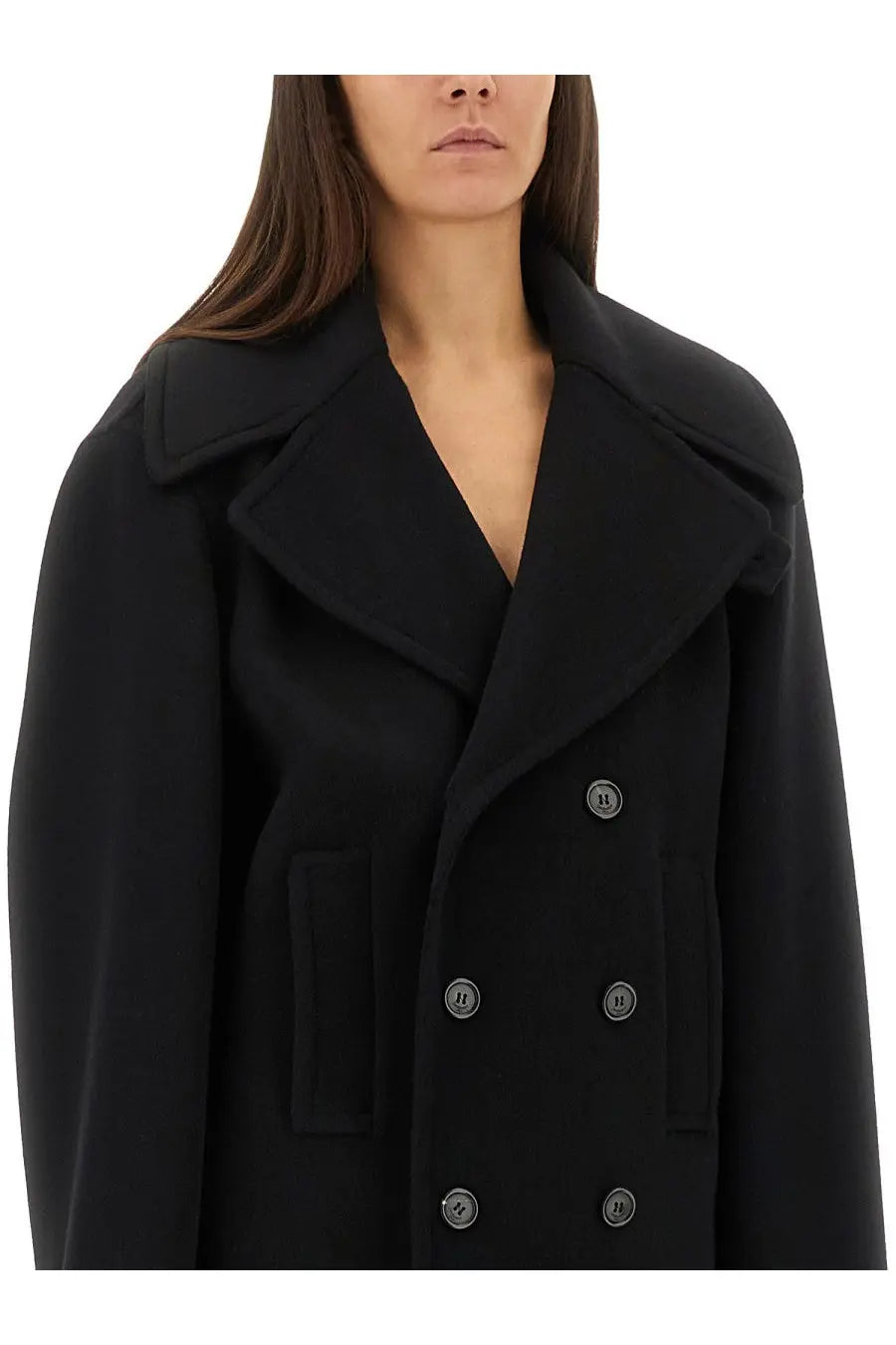 Saint Laurent women’s black double breasted wool caban coat with notched lapels and silver toned buttons