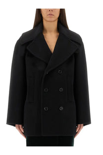 Saint Laurent women’s black double breasted wool caban coat with wide collar and matching buttons