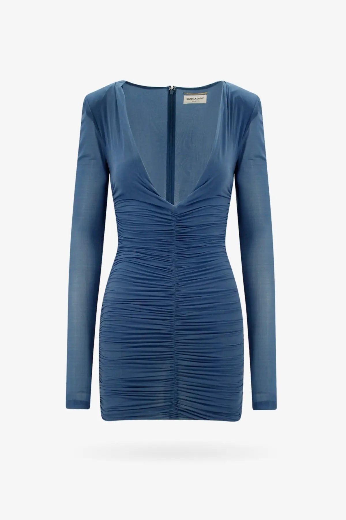 Saint Laurent women’s draped fabric mini dress in deep blue with long sleeves and a ruched bodice