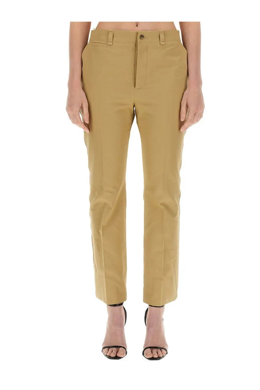 Saint laurent women’s beige drill pants with khaki color straight-leg design and classic button flap closure