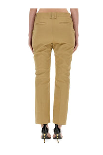 Back view of saint laurent women’s beige drill pants with tan tailored straight-leg fit and two rear pockets