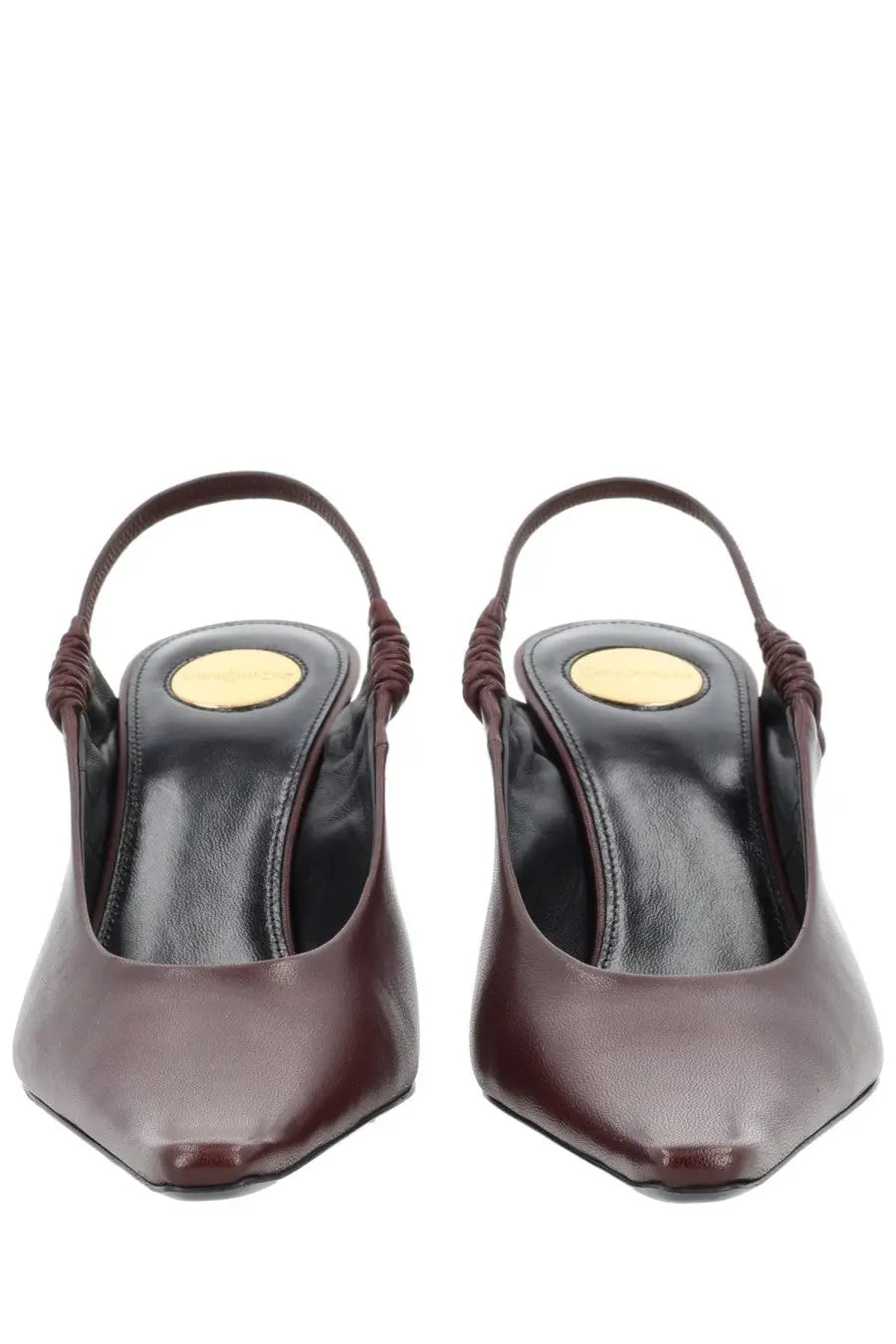 Saint Laurent women’s Écolleté Anne Marie brown burgundy leather slingback heels with braided strap and gold-toned insole