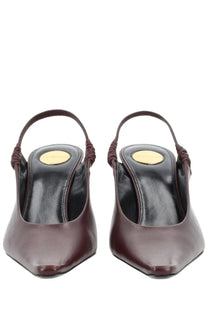 Saint Laurent women’s Écolleté Anne Marie brown burgundy leather slingback heels with braided strap and gold-toned insole