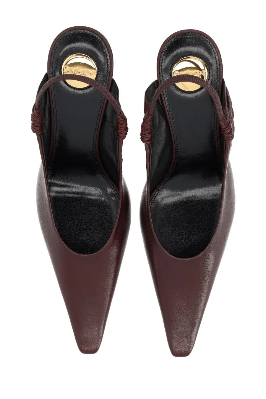 Saint Laurent women’s Écolleté Anne Marie brown Burgundy leather pointed-toe mules with braided ankle straps and gold insoles