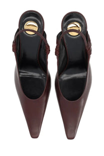 Saint Laurent women’s Écolleté Anne Marie brown Burgundy leather pointed-toe mules with braided ankle straps and gold insoles