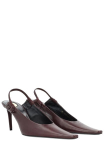 Saint Laurent women’s écolleté Anne Marie brown burgundy leather slingback heels with pointed toe and thin high heel